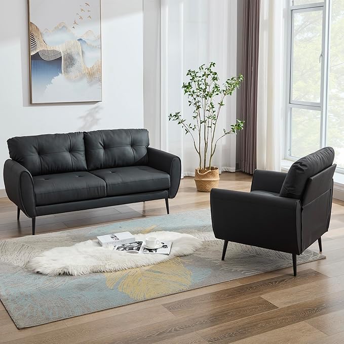 TYBOATLE Sofa Couch 61 Small Loveseat Couches for Living Room Leather Couch Mid Century Modern Tufted Mini Sofa Comfy Office 2 Seat Settee Love Seat for Small Spaces Bedroom (2 Black)
