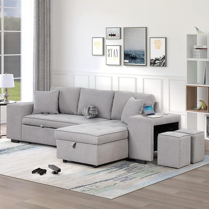 Flieks 104.5 inch Reversible Sectional Sofa with Storage Chaise2 Shelves2 Stools and 2 Tossing Cushions - 3 Seat Sleeper Contemporary Corner Sectional with Pull-Out Sleeper and Chaise