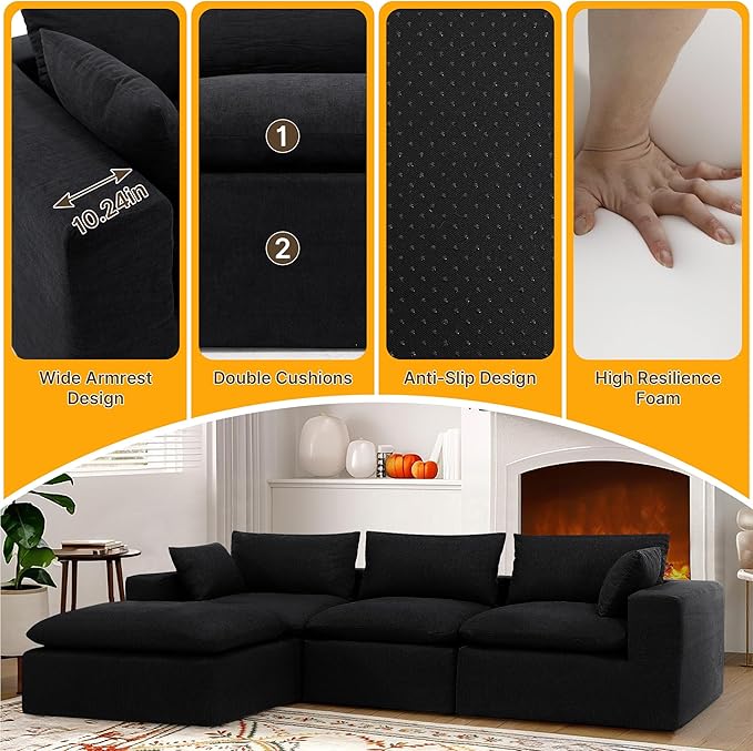 127 Oversized L Shaped Modular Sectional Cloud Couch High Back Boneless Sofa with Deep Seat Upholstered Chenille Fabric No Assembly Required for Living Room