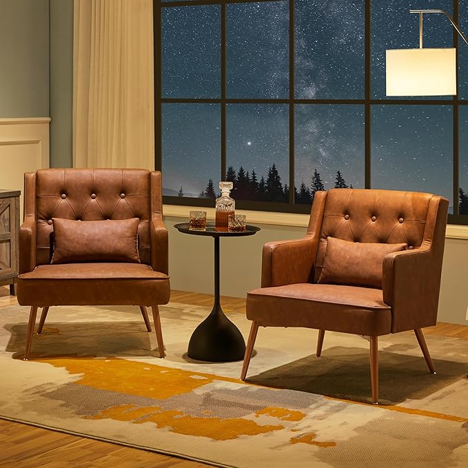 Yaheetech Accent Chair Living Room Chair Mid Century PU Leather Armchair Lumbar Pillow Comfy Upholstered Reading Chair Wood Leg Bedroom Lounge Brown
