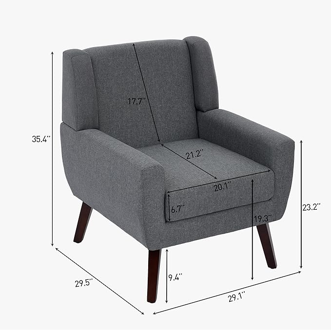 Accent Chair Comfy Mid Century Modern Small Armchairs with Solid Wood Frame and Soft Cushion for Living Room Bedroom (GreySet of 1)