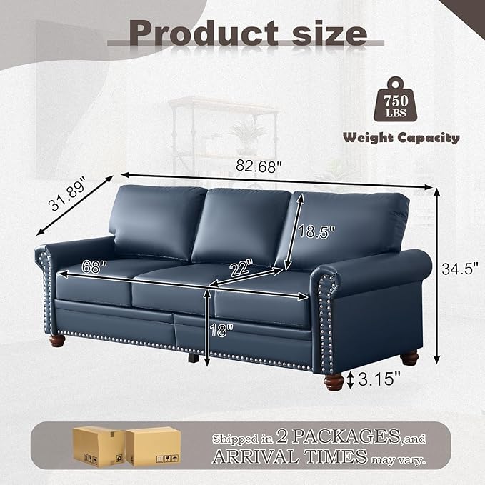 Faux Leather Sofa82 W Mid Century Modern Couch with Storage PlaceOversized 3 Seater Sofa with Nailhead Trim&ampRolled ArmrestsDeep Seat Comfy Couch for Living RoomBedroomApartmentOffice(Navy)