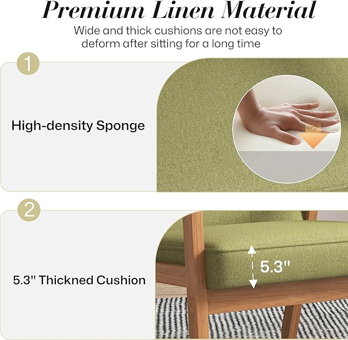 KCC Mid-Century Modern Linen Fabric Accent Chair Upholstered Tufted Leisure Chair Comfy Reading Side Chair with Armrest and Solid Wood Frame for Living Room Bedroom Balcony(Green)