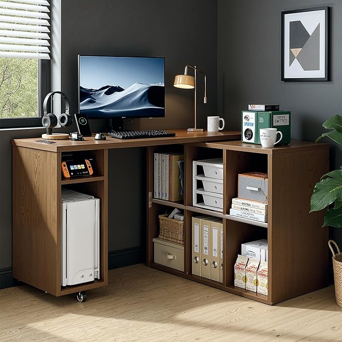 L-Shaped Desk with Storage–Small Study Table with Charging Station Rotating Writing Desk &amp Corner Computer Desk for Home Office 67” Long Bed Side Table（Oak）