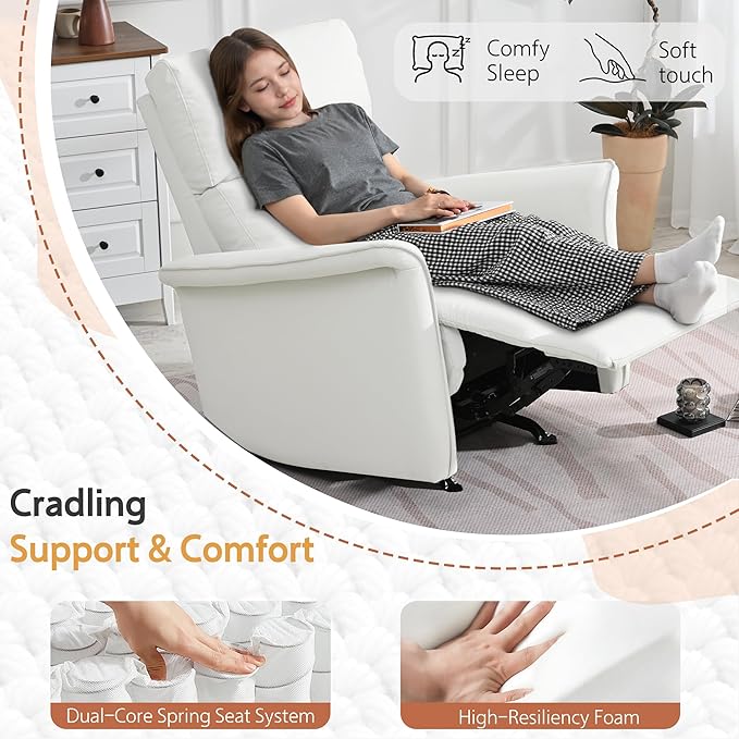 Manual Rocker Recliner Chair with Glider Motion for Nursery 150° Recline &amp Wide Armrests - Overstuffed Leather Nursery Chair for Small Spaces Living Room Bedroom