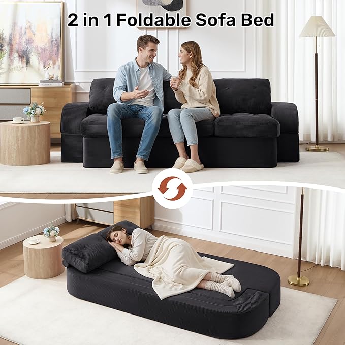 Convertible Sofa Bed3-Seater Boneless Couches for Living Room 2 in 1 Folding CouchFold Out Floor Couch with PillowsCloud Floor LoveseatFloor Futon Sleeper for Living Room Bedroom LoungeBlack
