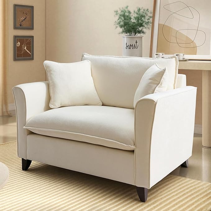 ERYE 46.9 Chenille Upholstered Accent Chair Wide Seat for Living Room Bedroom Modern Leisure Cushion Armchair W/ 2 Pillows and Removable Cover for Home Apartment Office