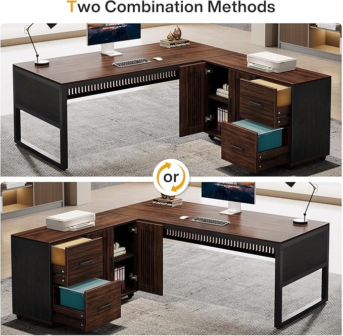 Tribesigns 63-Inch L-Shaped Executive Desk with Mobile File Cabinet Large Office Computer Desk Business Furniture Table with Drawers and Storage Shelves for Home Office Dark Walnut &amp Black