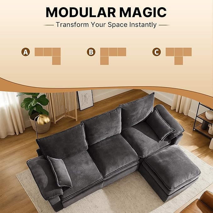100 Modular Sectional Sofa L Shaped with Storage Chenille Cloud Couch for Small Spaces Living Room Apartment Comfy Deep Seat with Reversible Ottoman (4 Seats Grey)