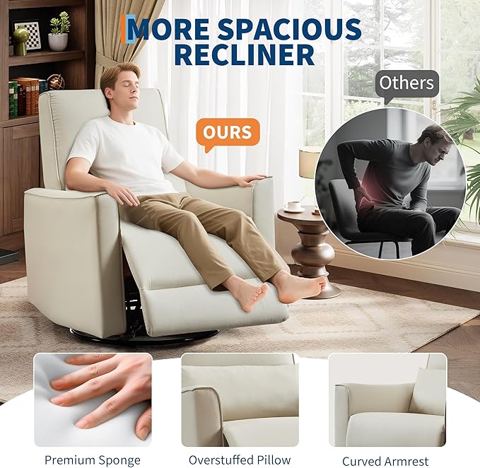 IDEALHOUSE 360° Swivel Glider ChairUpholstered Fabric Glider ReclinerErgonomic Single Sofa ArmchairFaux Leather Manual Glider for Living Room Bedroom Nursing Use(Beige)