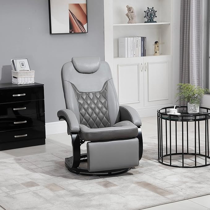 HOMCOM Faux Leather Manual Recliner Adjustable Swivel Lounge Chair Armchair with Footrest and Round Base for Living Room Gray