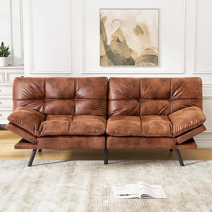 Faux Leather Futon Sofa BedConvertible Futon CouchMemory Foam Loveseat Sleeper SofaSmall Splitback Modern Folding Couch for Living RoomOfficeApartmentRetro Brown