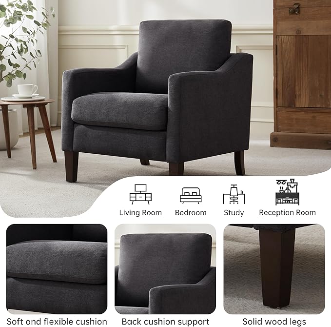 VKNOW Mid Century Modern Accent Chair Upholstered Living Room Chairs Armchair for Bedroom Comfy Reading Accent Chairs with Wood Legs for Living Room (1 Dark Grey)