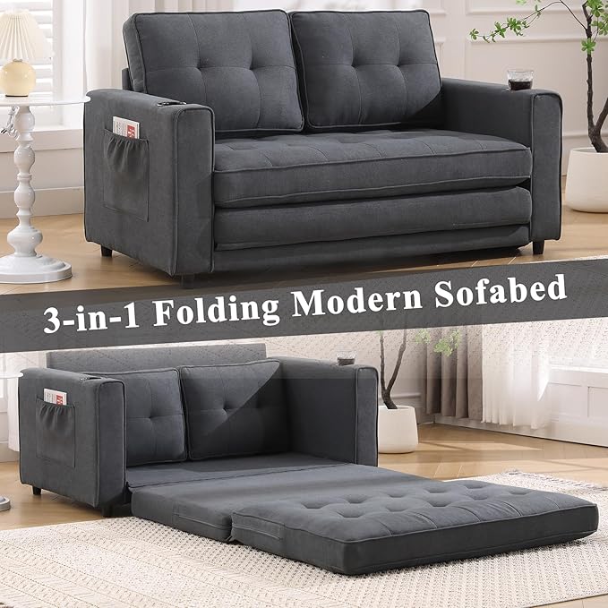 55 Loveseat Sofa Bed 3-in-1 Pull Out Floor Couch with Side Pockets &amp Cup Holder Floor Sofa Bed for Living Room Bedroom &amp Guest Room (Dark Gray)