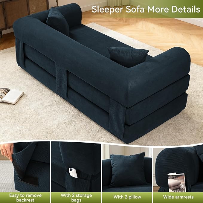 Convertible Futon Sofa Bed80 Folding Pull Out Couch with Pillows &amp Storage Pocket Oversized Queen Sleeper Sofa in a BoxCorduroy Boneless Couch for Living RoomNavy Blue