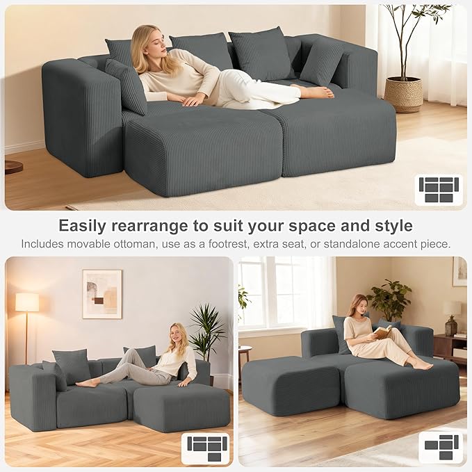 Redlife 117” Modular Sectional Sofa with Ottoman L Shaped Modular Couch Large Sectional Couches Corduroy Combination Sofas for Living Room Apartment Bedroom No Assembly Required Gray
