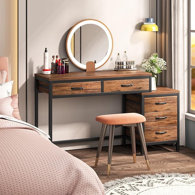 LITTLE TREE 5 Drawers Computer Desk Desk with Reversible File Drawer Cabinet for Home Office Brown