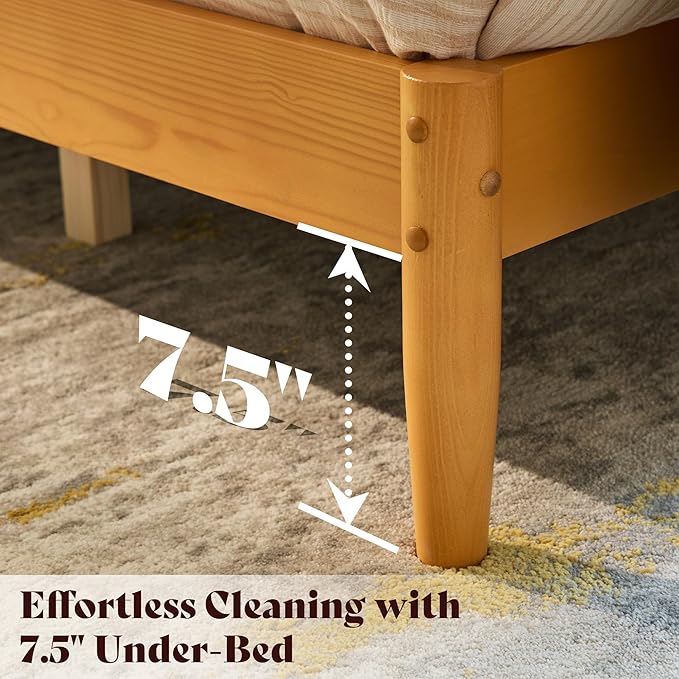 AMERLIFE Solid Wood King Size Bed Frame Mid Century Modern Platform Bed with Full Panel Headboard Noise-Free &amp Cylindrical Legs No Box Spring Needed Under-Bed Storage Natural Wood