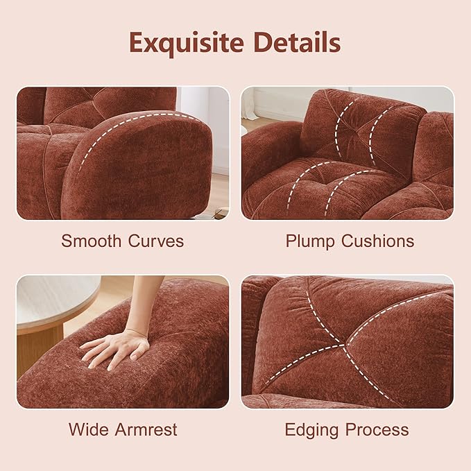 KEIKI 111 L-Shaped Velvet Modular Sectional Sofa with High-Density Foam Cushion &amp 3 Pillow &amp 1 Ottoman Compressed Boneless 3-Seater Tufted Couch No Assembly Required for Living Room Red