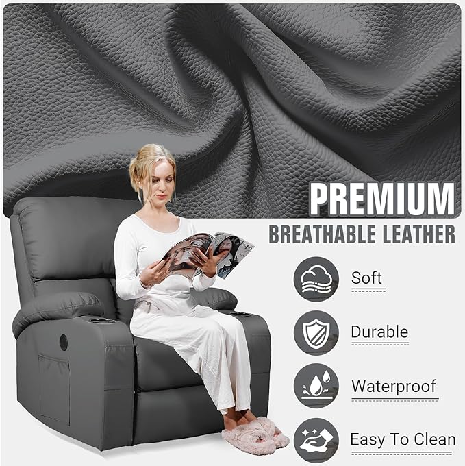 LEVELEVE Rocking Recliner Chair Massage Rocker Recliner Chair with Vibration Massage and Heat USB and Type-C Ports360° Swivel Faux Leather Chairs Living Room Bedroom Nursery RV Dark Grey