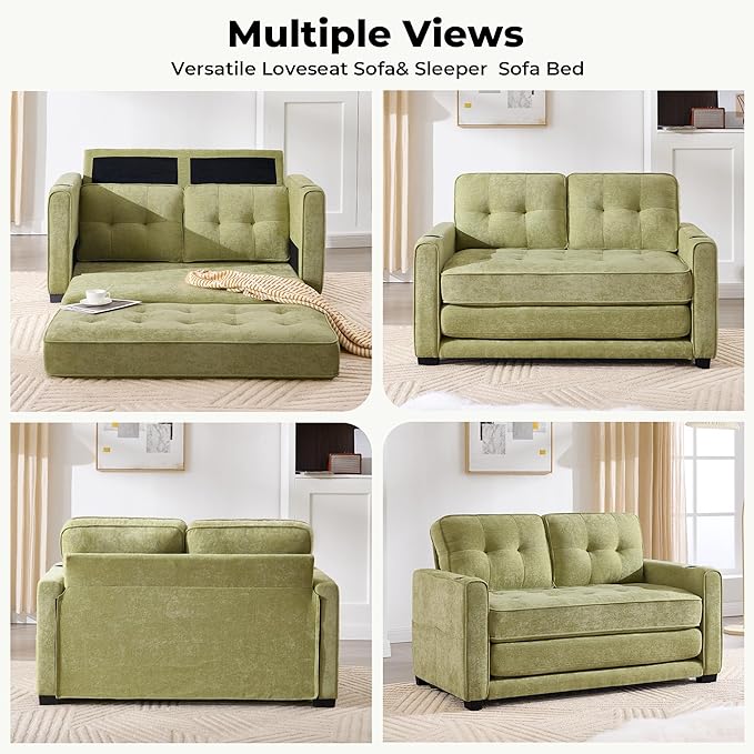 Convertible Sofa Bed Pull Out Loveseat Sleeper CouchLinen Fabric 2 in 1 Folding Couch Bed Fold Out Floor Futon Couches with Cup Holder for Living Room BedroomSmall Space Green