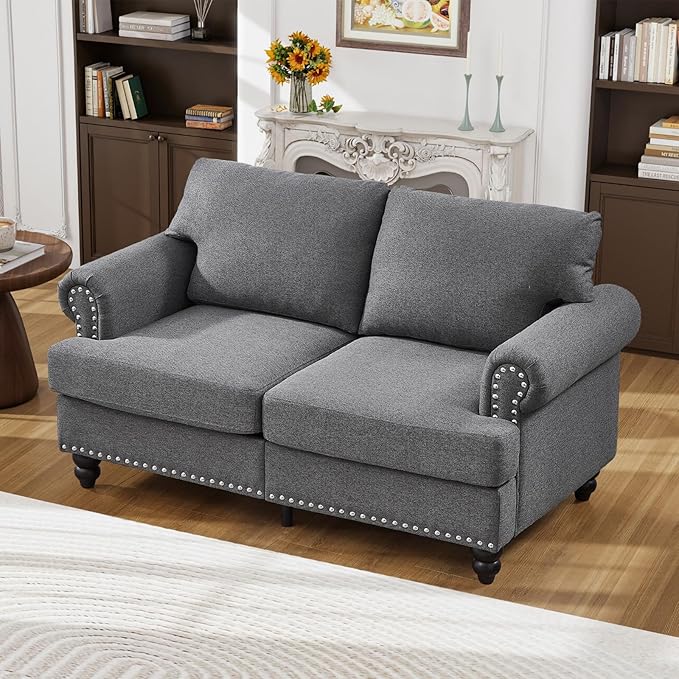 Antetek 59.5-inch Loveseat Couch with Storage Mid Century Chesterfield Linen Fabric Vintage Retro Classic Sofa Couch with Nailhead Trim &amp Rolled Armrests for Living Room Bedroom Office Grey