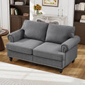 Antetek 59.5-inch Loveseat Couch with Storage Mid Century Chesterfield Linen Fabric Vintage Retro Classic Sofa Couch with Nailhead Trim &amp Rolled Armrests for Living Room Bedroom Office Grey