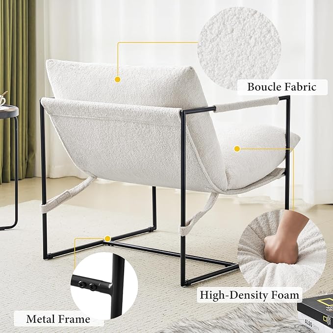 Furniliving Sling Accent Chair with Metal Frame Comfortable Boucle Fabric Arm Chair Upholstered Cozy Reading Chair for Living Room Bedroom Dressing Room Home Office Purewhite