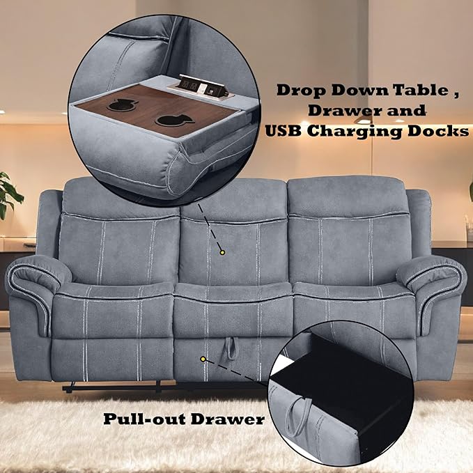 Acme Furniture Zubaida 41 x 87 Modern Velvet Reclining Sofa with USB Dock 1 Storage Drawer Tight Back &amp Seat Cushion in 2-Tone Gray Finish
