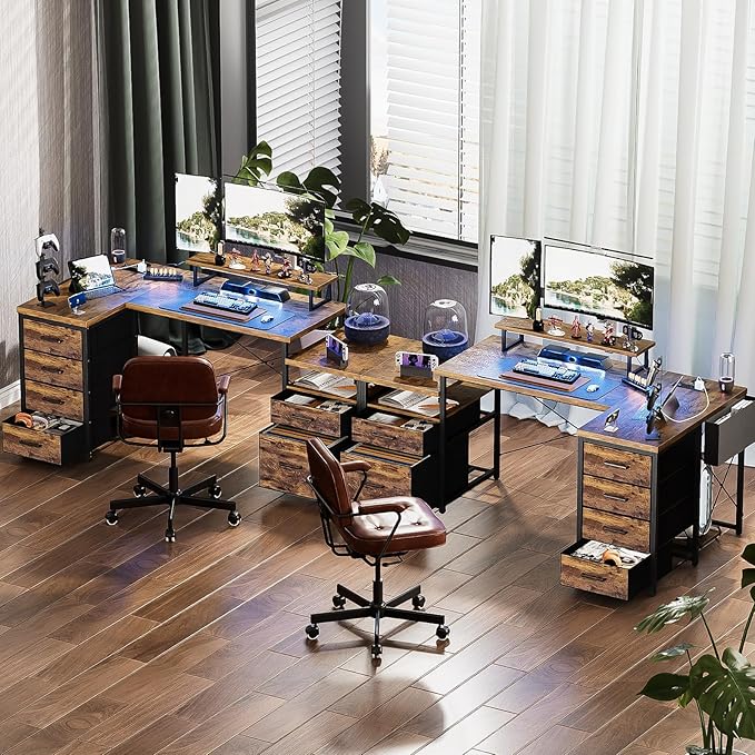 Unikito Reversible L Shaped Computer Desk with Fabric File Drawers 70.8 Large Office Desk with RGB LED Light &amp Power Outlets &amp Monitor Stand &amp CPU Stand Sturdy Corner Gaming Desk Rusti