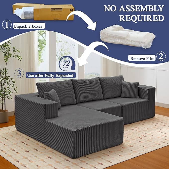 Modular Sectional Sofa for Living Room 108 Cloud Couch Sectional with L-Shape Chaise Modern Upholstered Corduroy Boneless Couch with Memory Foam Deep Seat No Assembly Required (Grey)