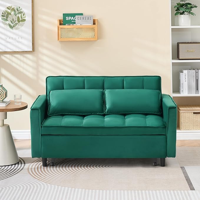 3 in 1 Convertible Sofa BedModern Velvet Loveseat Sleeper Sofa Bed with Adjustable Backrest Storage Pockets and PillowsSuitable for Living RoomGuest RoomGreen