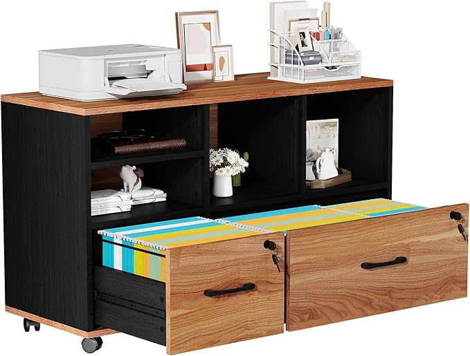 2 Drawer Wood Mobile Large Lateral File Cabinet Lockable Rolling Filing Cabinet with Storage Shelves Printer Stand Office Storage Cabinet for Home Office Fits Files Legal/A4 Rustic Brwon
