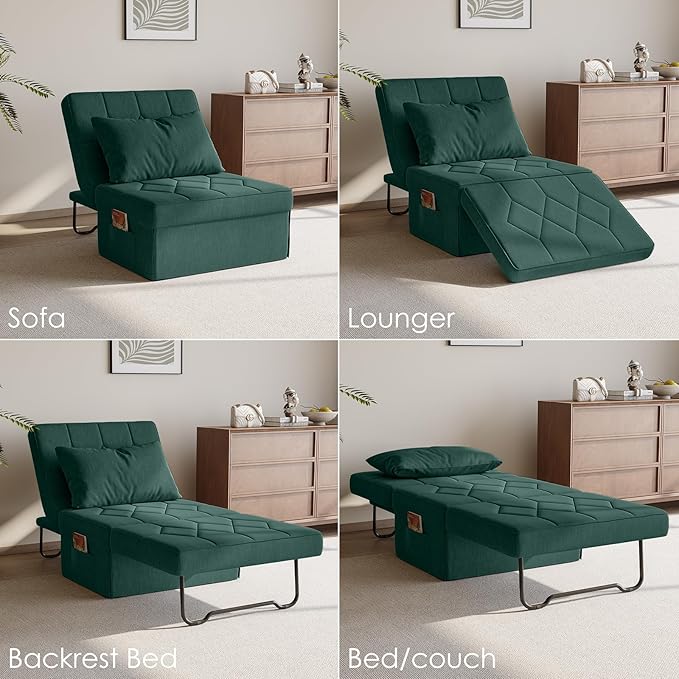 Convertible Sofa Bed with 5-Level Adjustable Backrest 74 D x 28 W 4-in-1 Folding Ottoman Sleeper Chair Bed Modern Single Futon Couch for Living Room Apartment Dorm Small Space Green