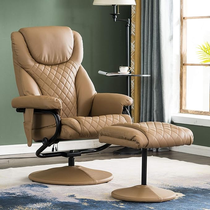 MCombo Recliner with Ottoman Reclining Chair with Massage 360 Swivel Living Room Chair Faux Leather 4901 (Cognac)