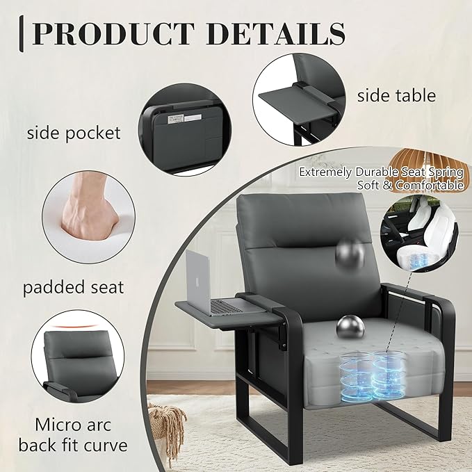 Upholstered Living Room Chair Armchair SetMid Century Faux Leather Accent Chair Loveseat Furniture SetReception Couch Slipper Club Lounge Chair Sofa with Sidetable-Dark Grey(1 Loveseat and 2 Chairs)