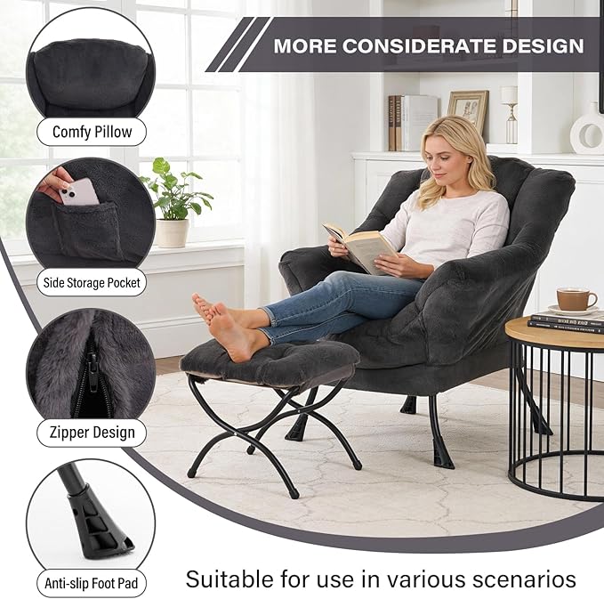 Lazy Chair with Folding Ottoman Modern Accent Lounge Armchair with Armrests and a Side Pocket &amp Foldable Footstool Leisure Reading Chair for Living Room Bedroom Dorm &amp Office Plush Navy