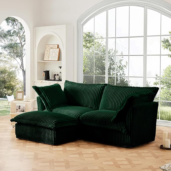 Aoowow Oversized Modular Sectional Sofa with Movable Ottoman83.4” L-Shaped Comfy 2-Seat Sofa Couch Upholstered Deep Seat Couches with Big Toss Pillows for Living Room Apartment OfficeGreen-Corduroy