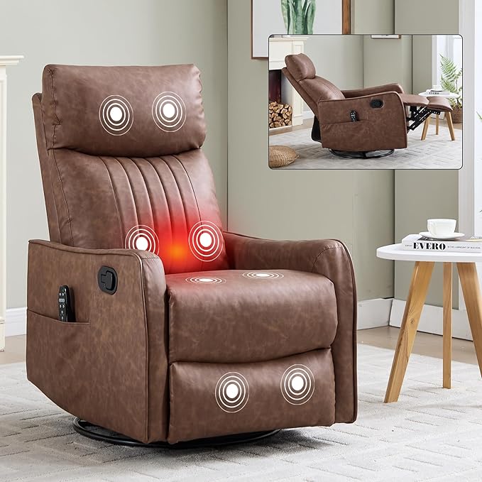 KEIKI Swivel Rocker Recliner Chair with Massage and Heated Pad for Living Room Synthetic Leather Glider with 360 Degree Rotation and Manual Recline