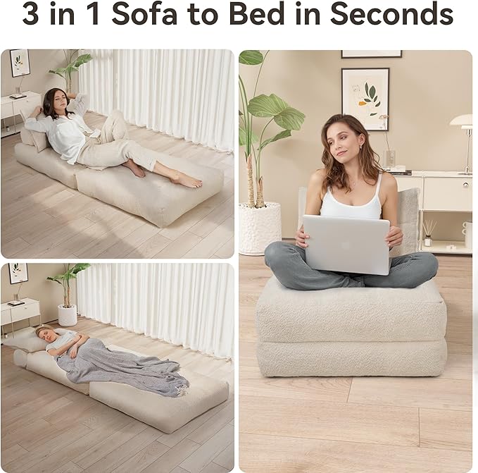 Folding Sofa Bed Fold Out Chair Bed with Pillow Convertible Sleeper Chair for Living Room/Small Spaces Foldable Lazy Sofa Bed Floor Chair Comfy Teddy Velvet Couch Bed Beige