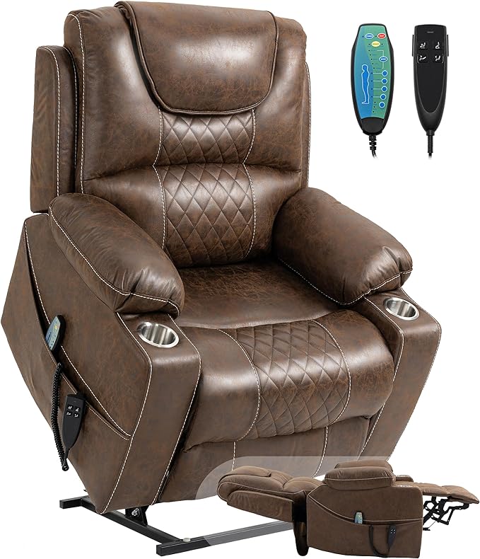 Large Power Lift Recliner Chair Sofa with Massage and Heat for Big and Tall ElderlyInfinite PositionsDual MotorCup HoldersExtended FootrestAir Leather Home Theater Seat