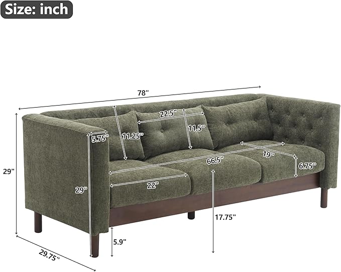 Christopher Knight Home Marloo 3 Seater Sofa Couch Upholstered Couch Linen-Like Tufted Back Sofa with Arm Rest Rubberwood Legs 78 Spacious Seating for Living Room Home Rest Dark Green