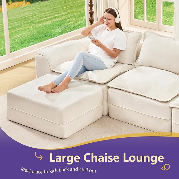 Hobestluk 120 Cloud Modular Sectional Couch 3-Seater Sofa with Ottoman L Shaped Sofa with Removable Cover Large Sofa Couch for Living Room (Beige 3-Seater Sofa with One Ottoman)