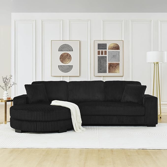 Corduroy Tufted Upholstered Sleeper Sectional Sofa L-Shaped Modular Convertible Sofa The arc-Shaped Footstool can be Placed Freely on The Left and Right (Black + Foam + 3 Seat)