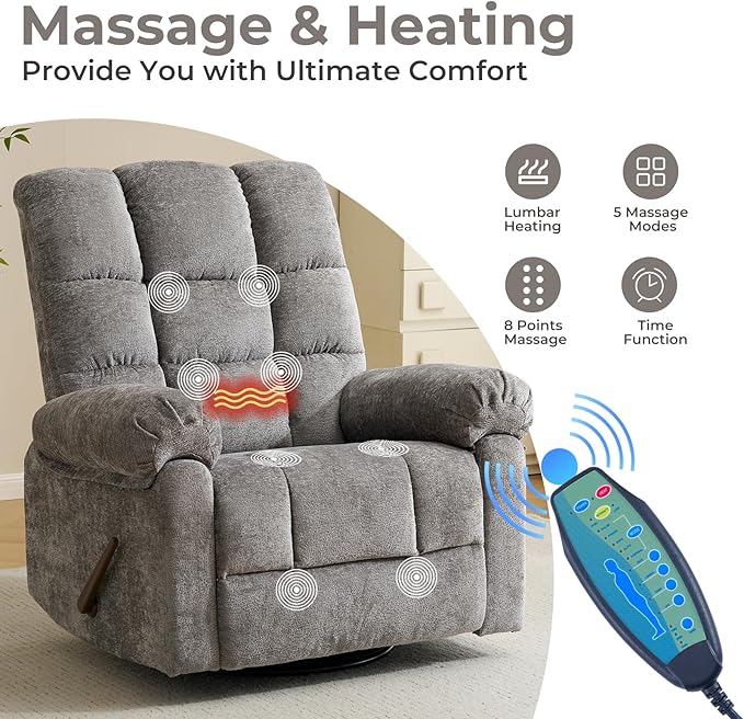 Oversized Swivel Rocker Recliner with Heat and Massage Comfy Rocking Chair Overstuffed Rocker ReclinerWide Manual Recliners for Living RoomGrey