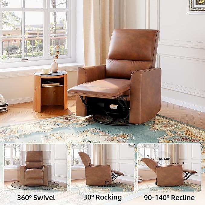 GAOMON Swivel Rocking Recliner Chair Manual Leather Recliner Glider with Lumbar Support &amp Padded Armrest Comfortable Rocker Nursery Single Sofa for Living Room and Bedroom (Brown)