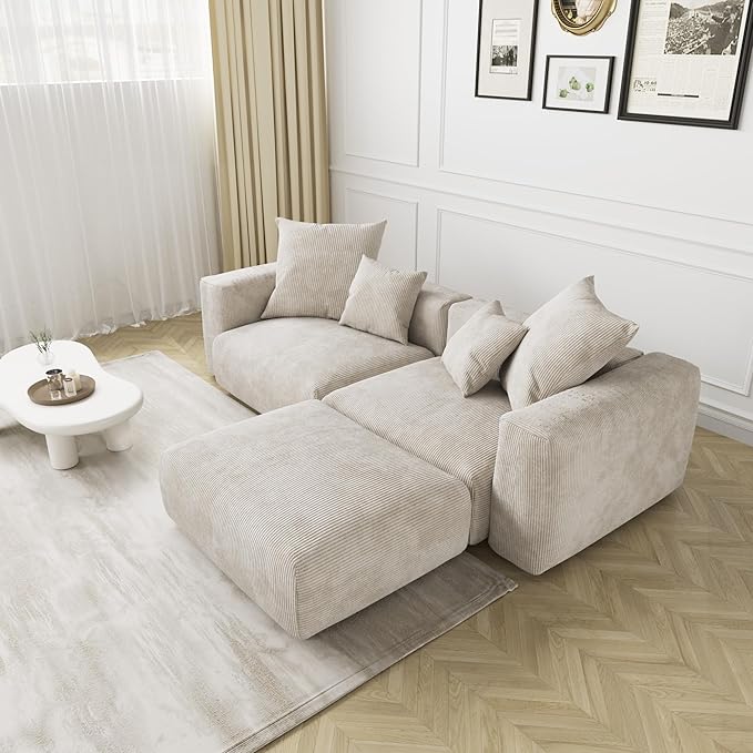Modular Sectional Couch Sofa with 4 Pillows 102 L Shaped Sofa Couch with Chaise OttomansCorduroy Fabric Couches (Beige)