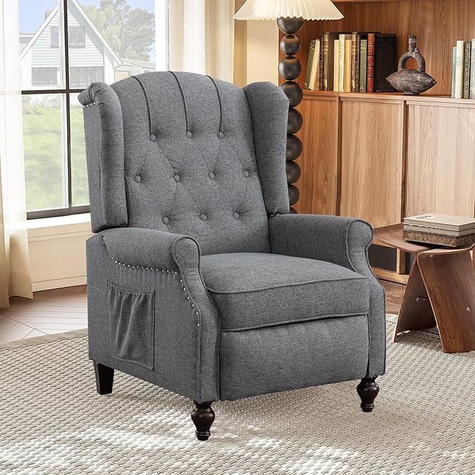 Pushback Recliner Chair Linen Elizabeth Tufted Armchair Accent Chair with Massage &ampHeat Mid Century Modern Wingback Single Sofa Chairs for Living Room Small Space Home Theater (Light Grey)