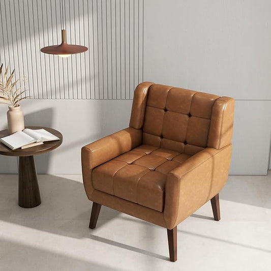 Accent Chair Comfy Mid Century Modern Small Armchairs with Solid Wood Frame and Soft Cushion for Living Room Bedroom (Faux Leather Brown Set of 1)