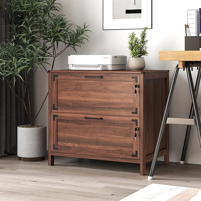 2 Drawer Farmhouse Small File Cabinet with Lock Under Desk Locking Storage Drawers Organizer Filing Cabinets for Home OfficeModern FurnitureWalnut